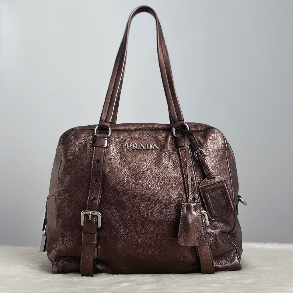 Prada Metallic Brown Leather Front Buckle Detail Shoulder Bag Excellent