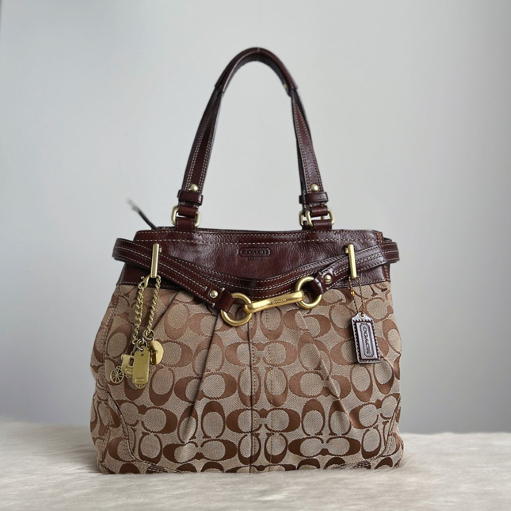 Coach Chocolate Leather Monogram Buckle Detail Shoulder Bag