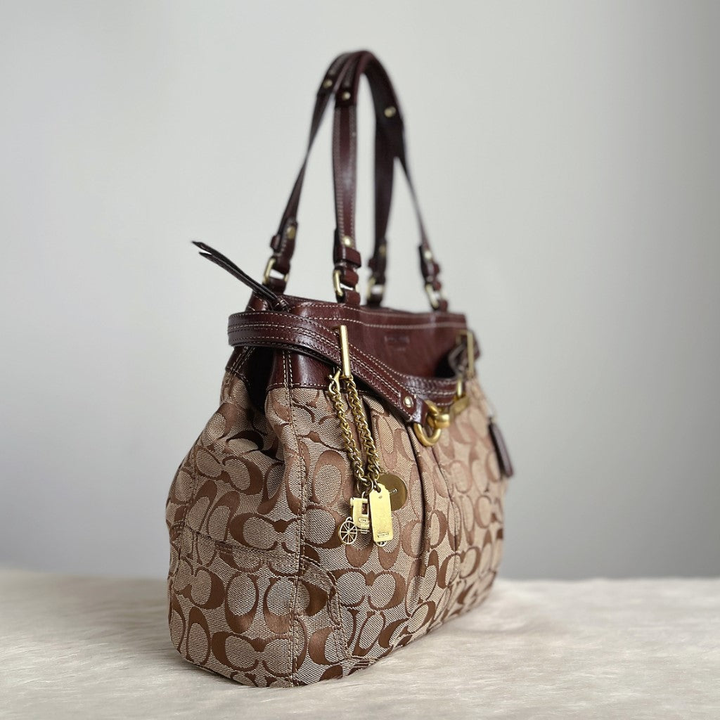 Coach Chocolate Leather Monogram Buckle Detail Shoulder Bag