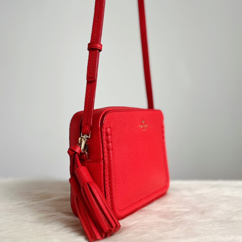 Kate Spade Red Leather Tassel Charm Crossbody Shoulder Bag