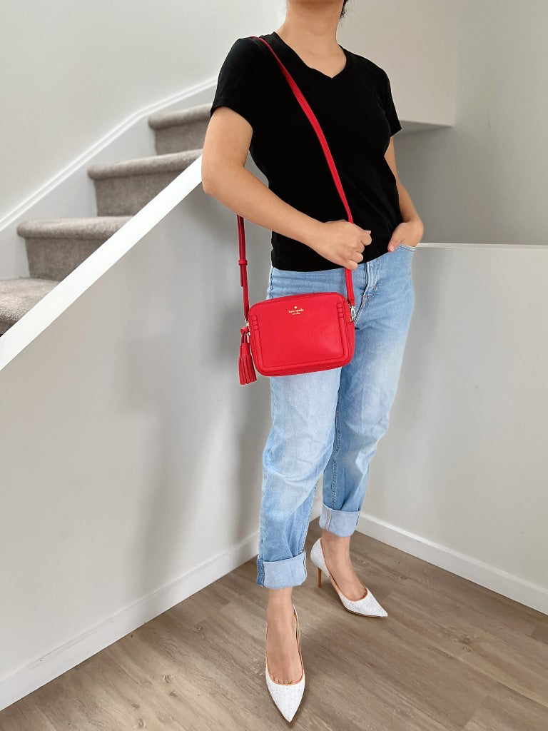 Kate Spade Red Leather Tassel Charm Crossbody Shoulder Bag