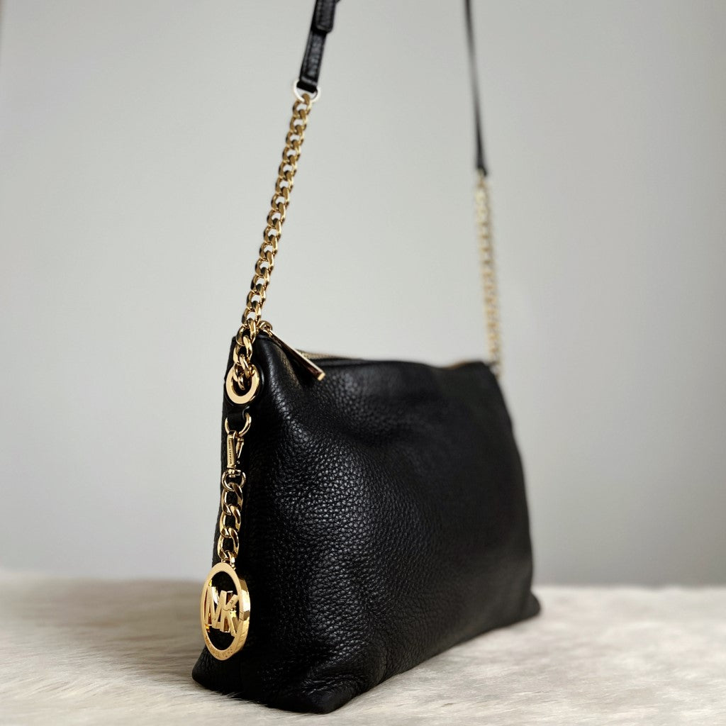 Michael Kors Black Leather Gold Chain Detail Crossbody Shoulder Bag Ex