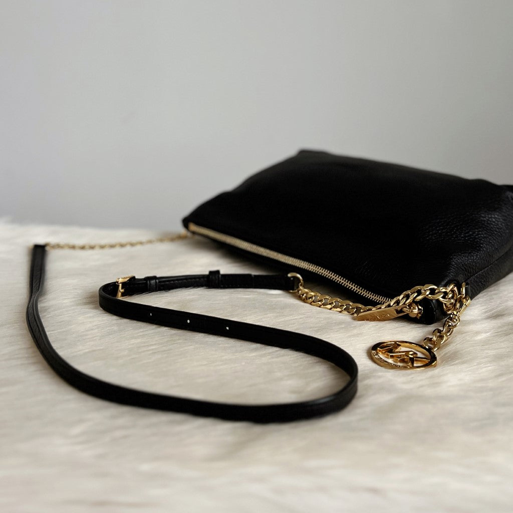 Michael Kors Black Leather Gold Chain Detail Crossbody Shoulder Bag Excellent