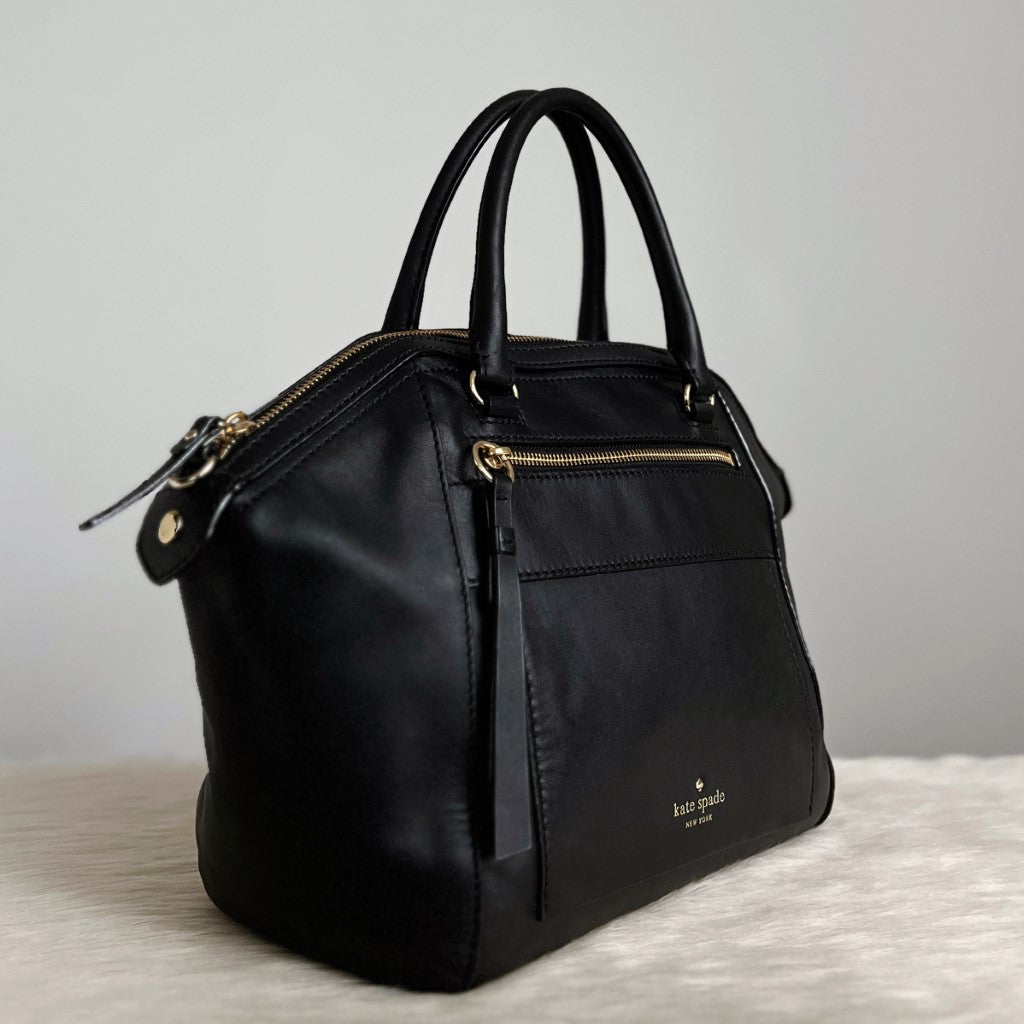 Kate Spade Black Leather Front Logo Zip Pocket 2 Way Shoulder Bag