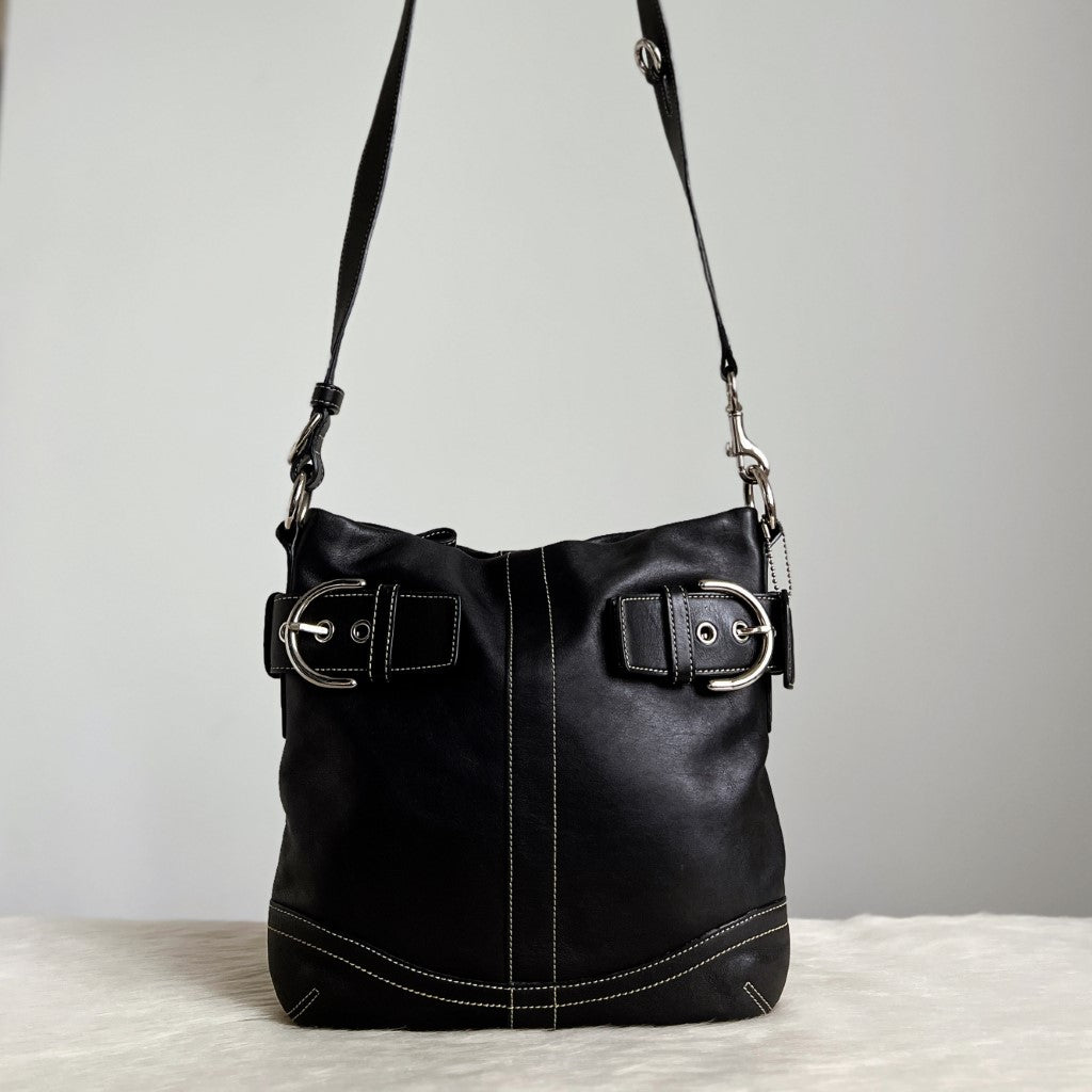 Coach Black Leather Double Buckle Crossbody Shoulder Bag