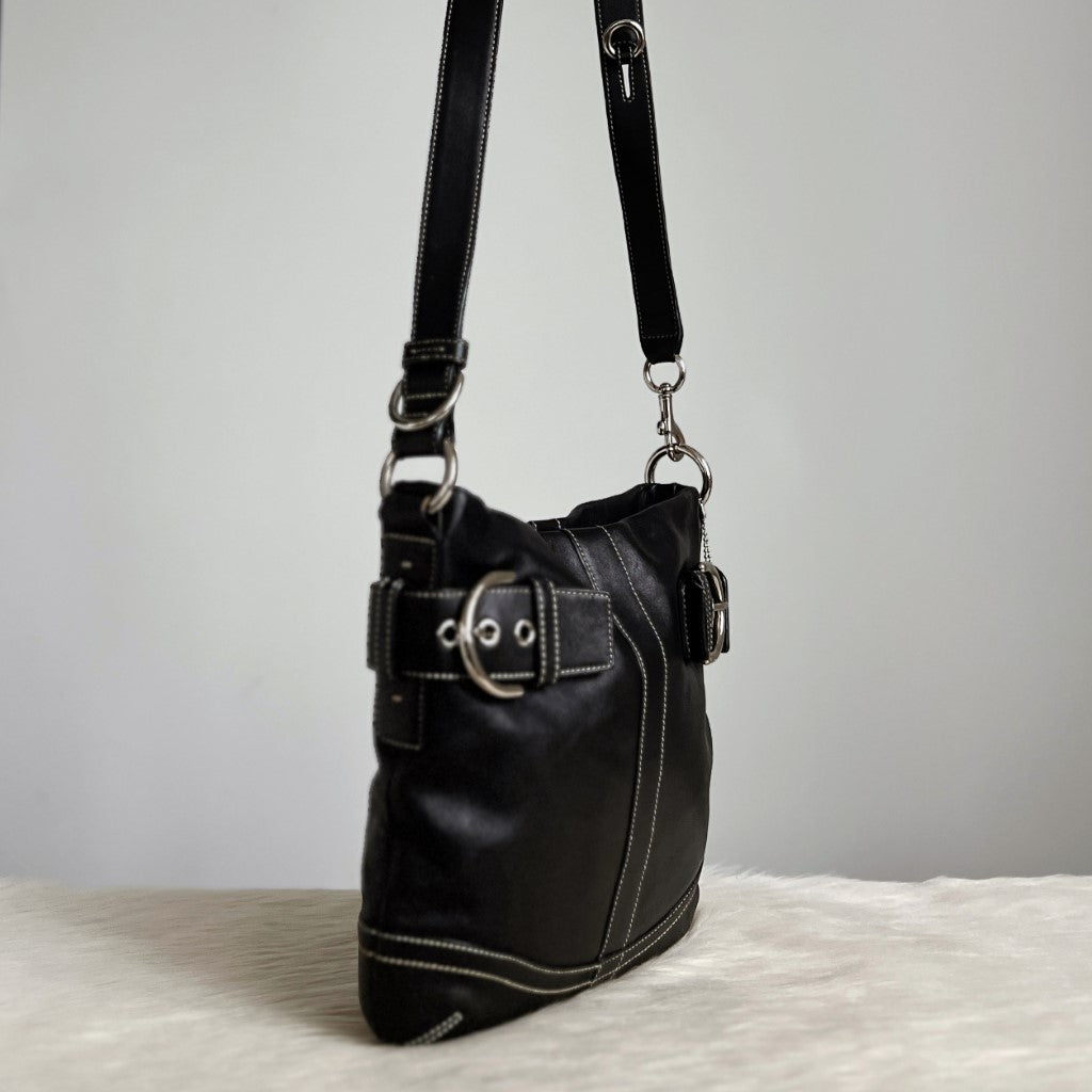 Coach Black Leather Double Buckle Crossbody Shoulder Bag