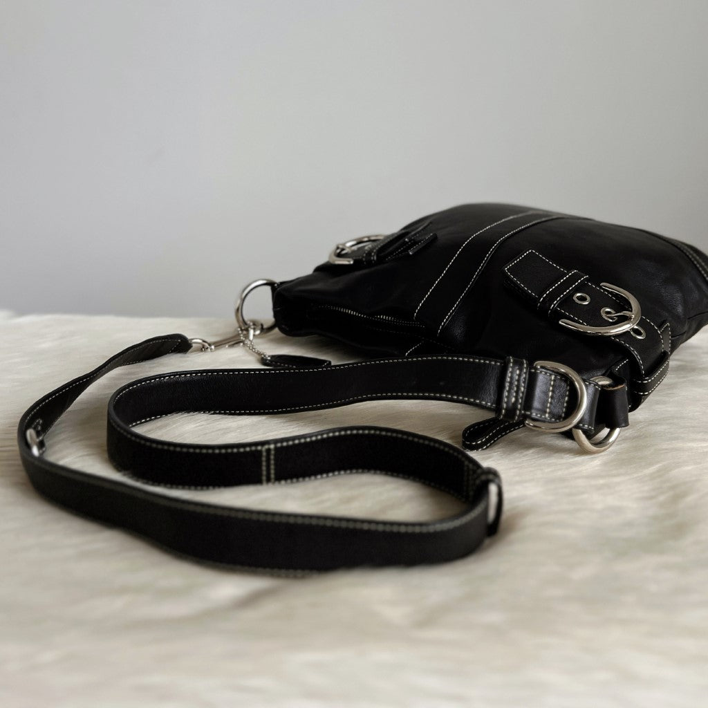 Coach Black Leather Double Buckle Crossbody Shoulder Bag