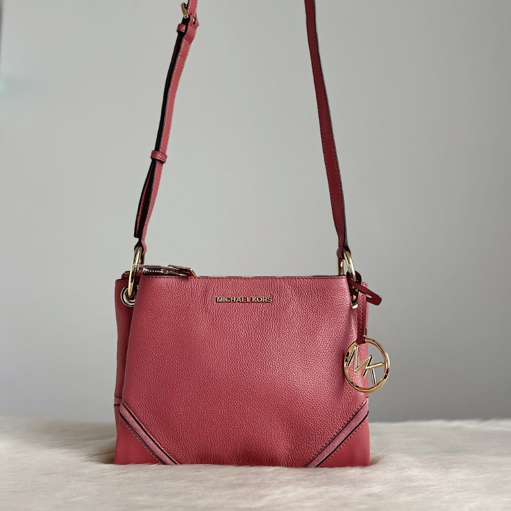 Michael Kors Rose Leather Triple Compartment Crossbody Shoulder Bag New with Tags