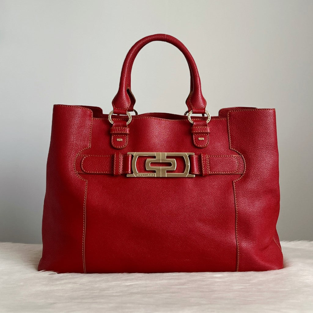 Bvlgari Red Leather Triple Compartment Oversized Shoulder Bag