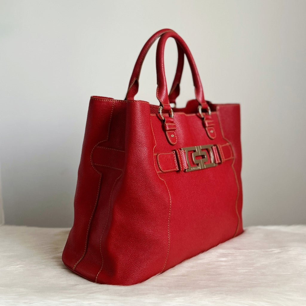 Bvlgari Red Leather Triple Compartment Oversized Shoulder Bag