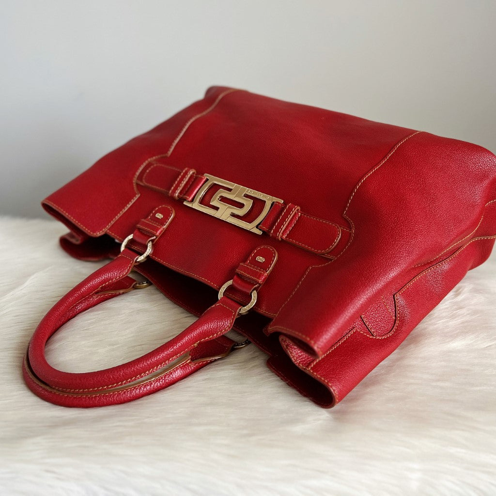 Bvlgari Red Leather Triple Compartment Oversized Shoulder Bag