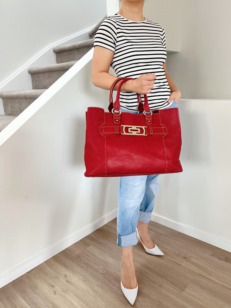 Bvlgari Red Leather Triple Compartment Oversized Shoulder Bag