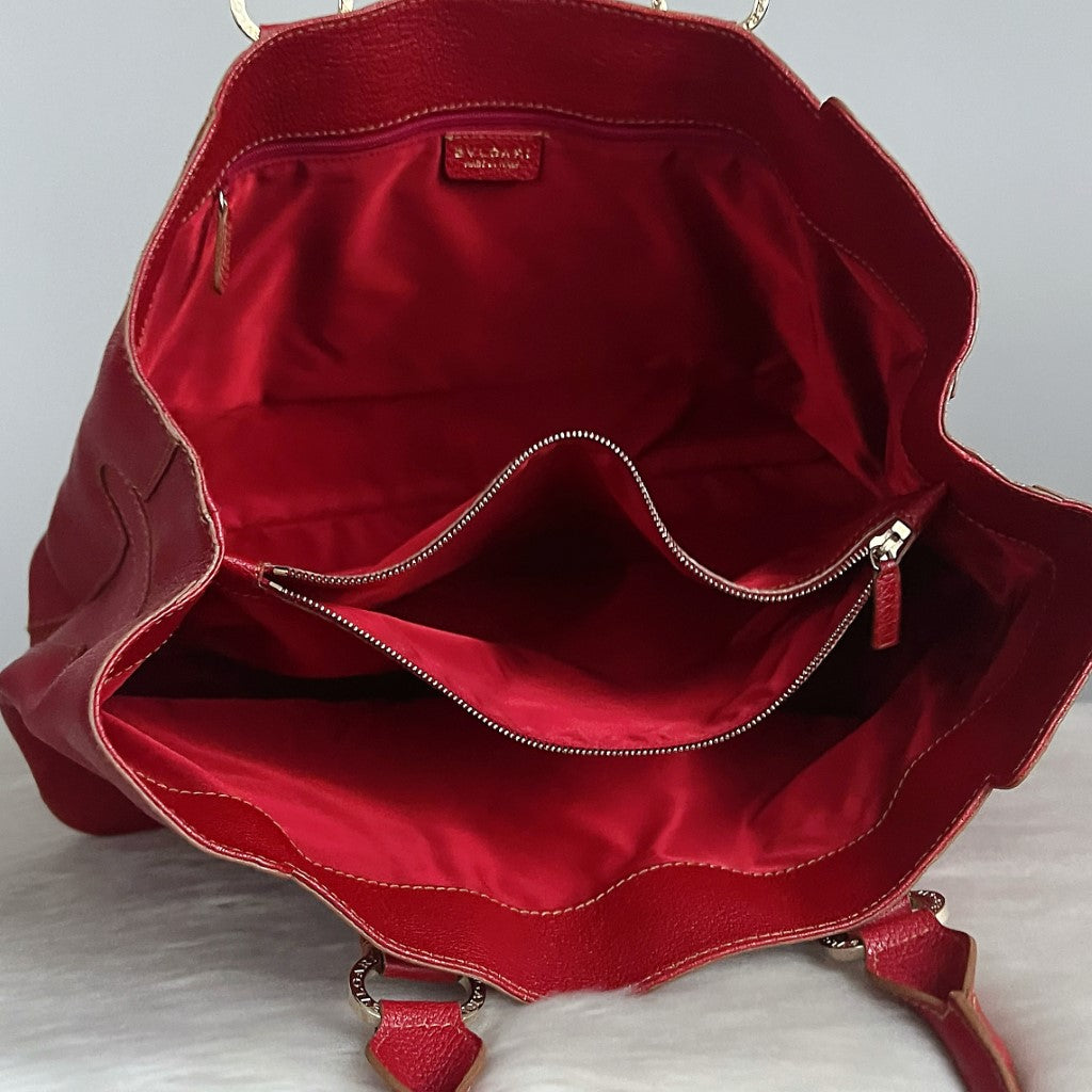 Bvlgari Red Leather Triple Compartment Oversized Shoulder Bag