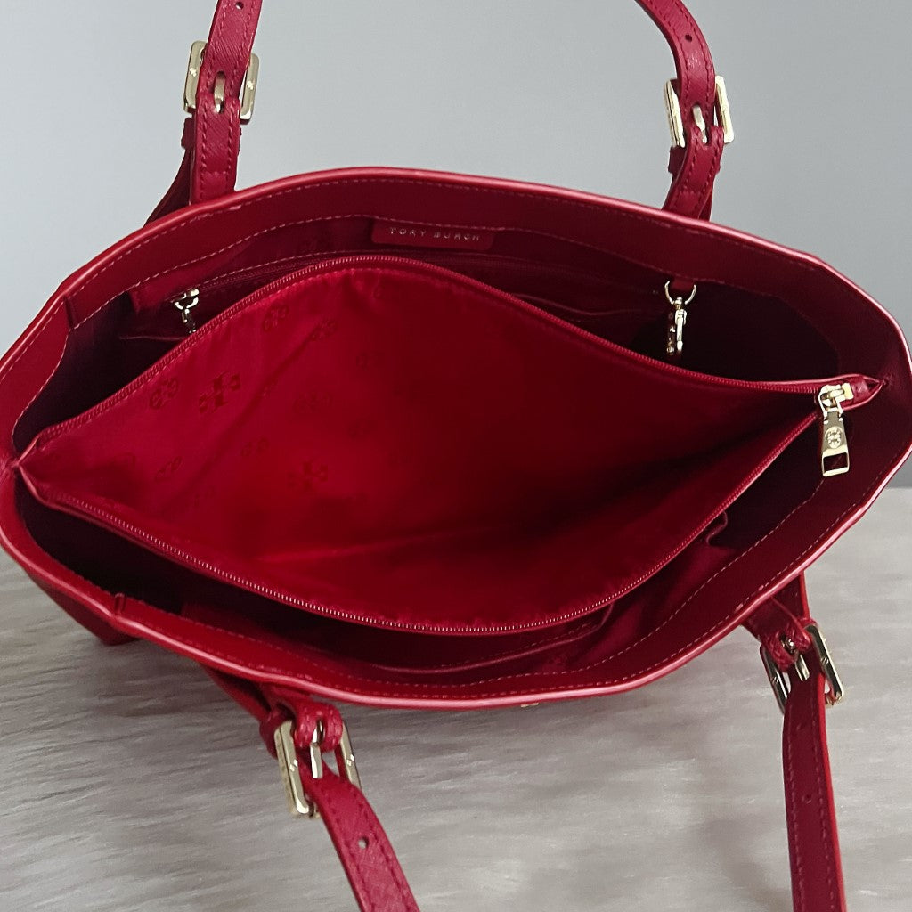 Tory Burch Red Leather Front Compartment Large Shoulder Bag Excellent