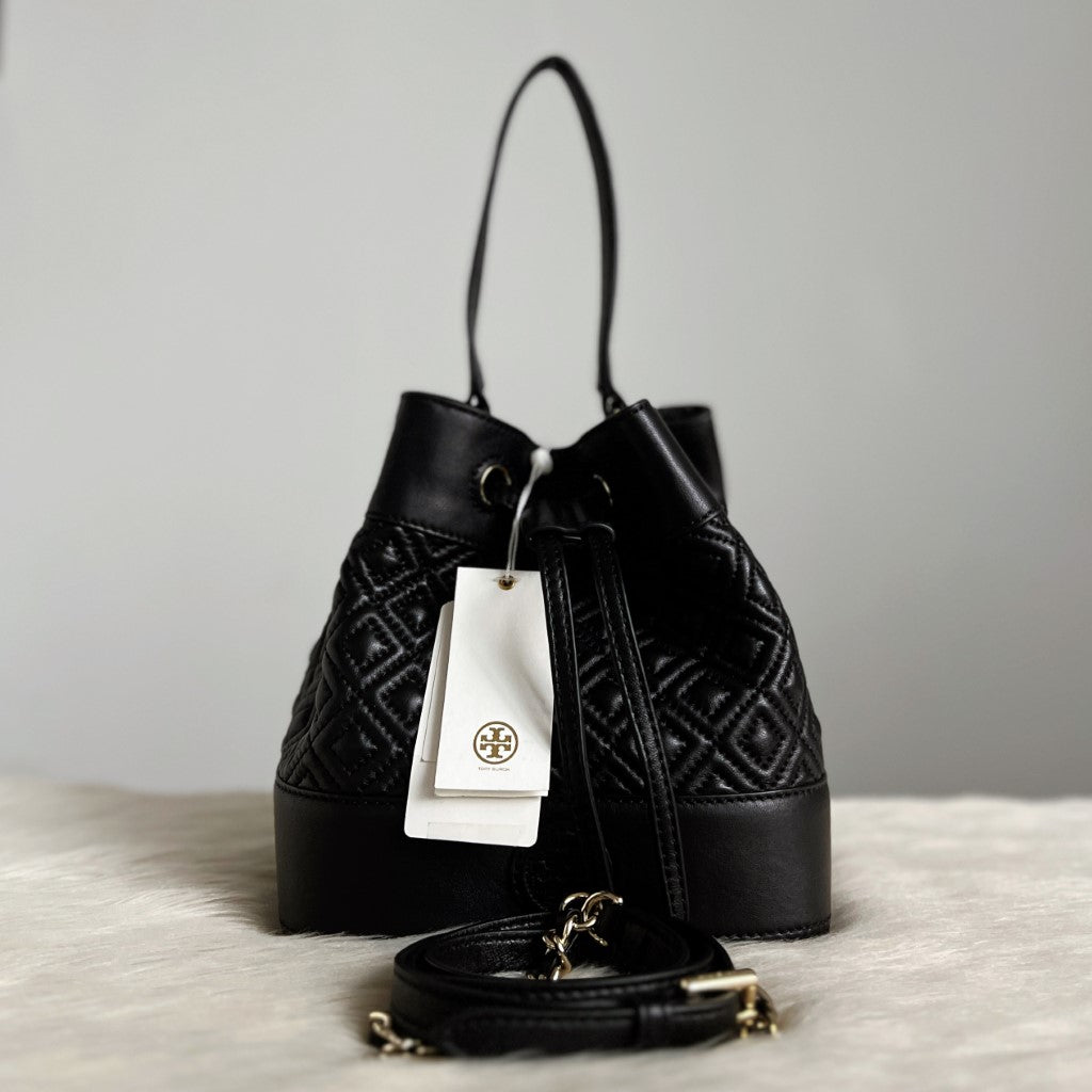 Tory Burch Black Leather Quilted Drawstring Bucket 2 Way Shoulder Bag New with Tags