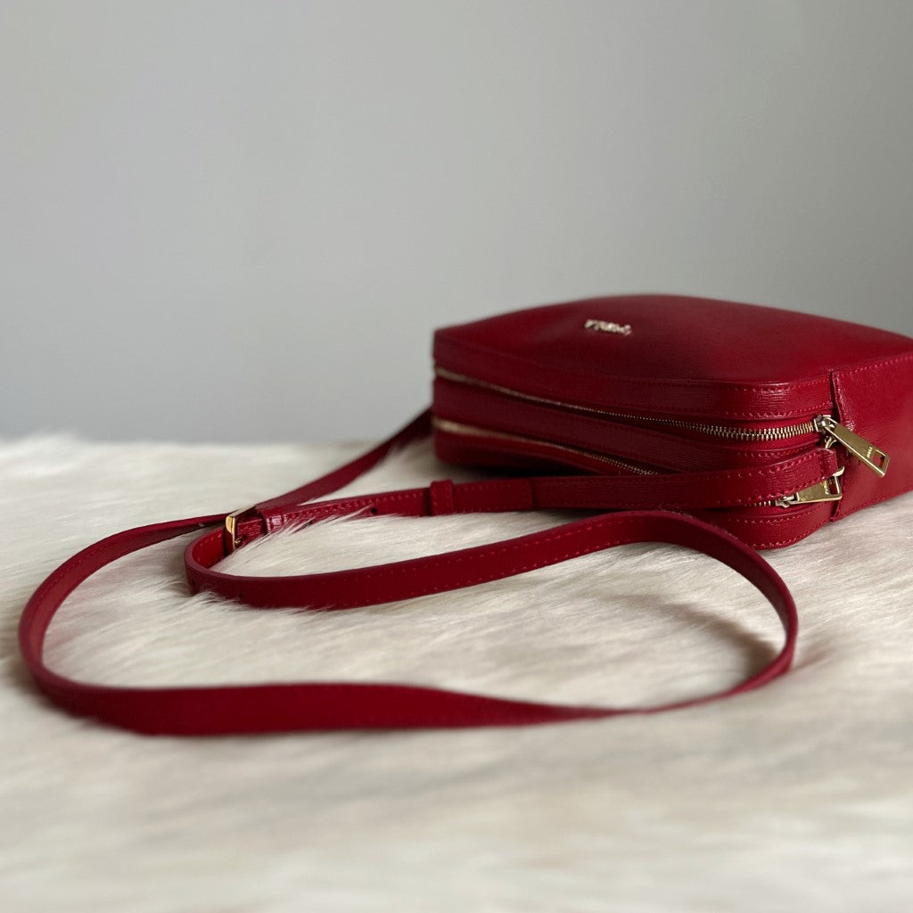 Furla Red Leather Double Compartment Crossbody Shoulder Bag Excellent