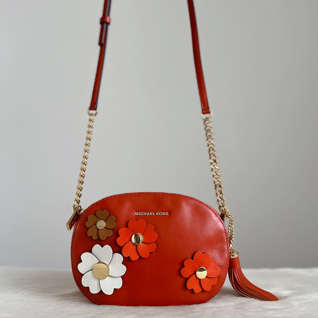 Michael Kors Orange Leather Floral Detail Crossbody Shoulder Bag Excellent