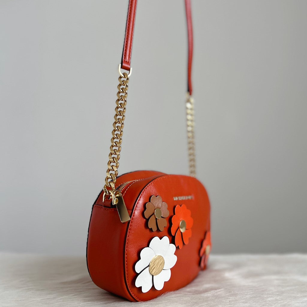 Michael Kors Orange Leather Floral Detail Crossbody Shoulder Bag Excellent