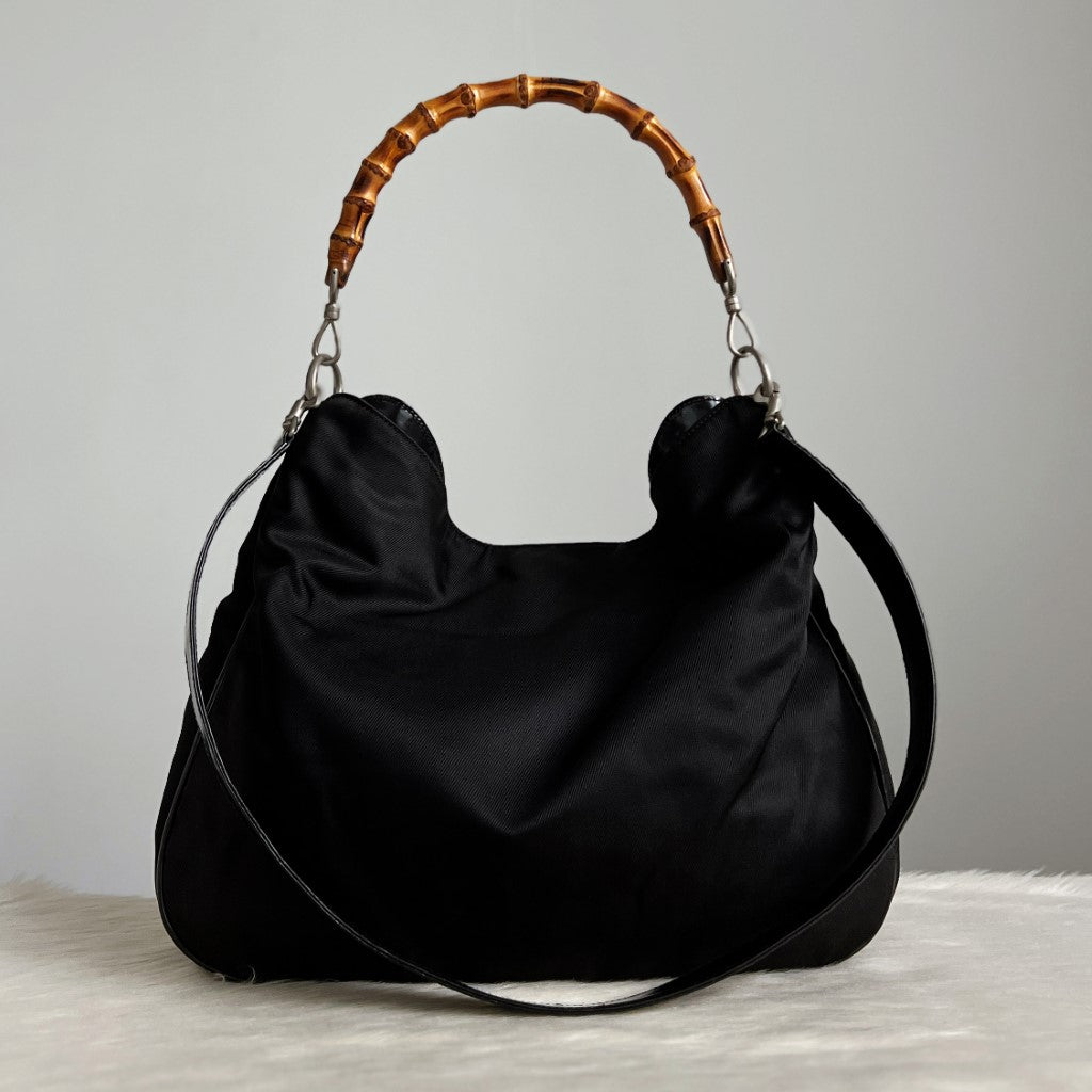 Gucci Classic Black Canvas Bamboo 2 Way Shoulder Bag