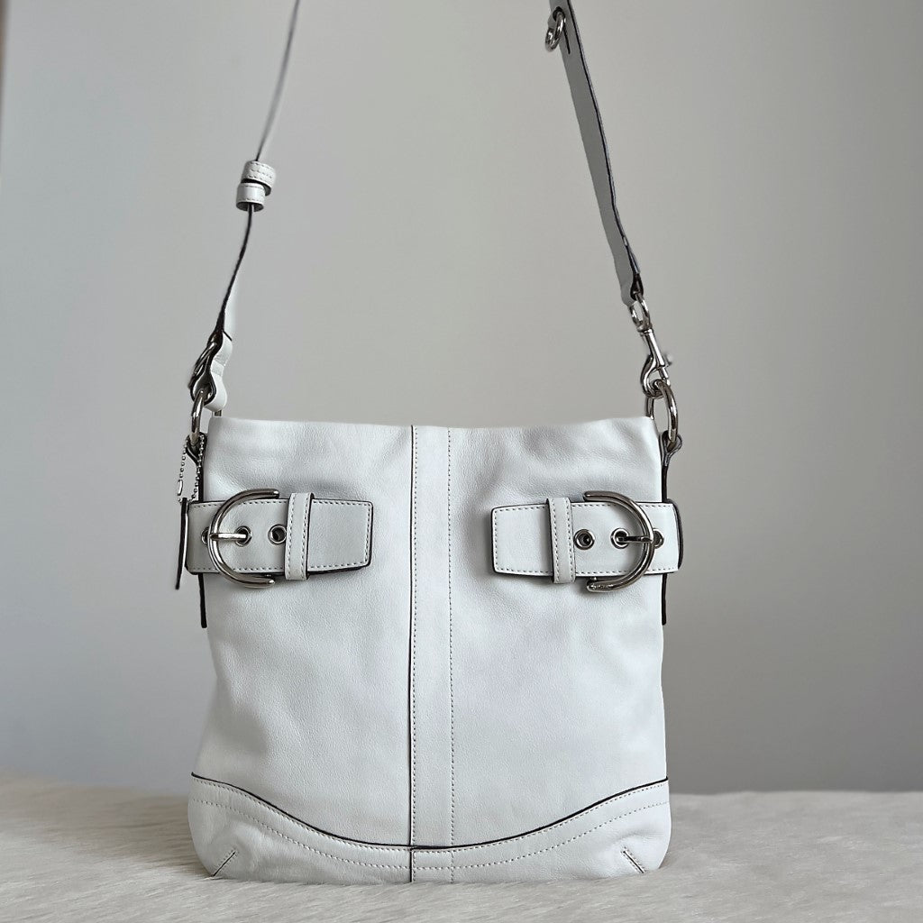 Coach White Leather Double Buckle Crossbody Shoulder Bag