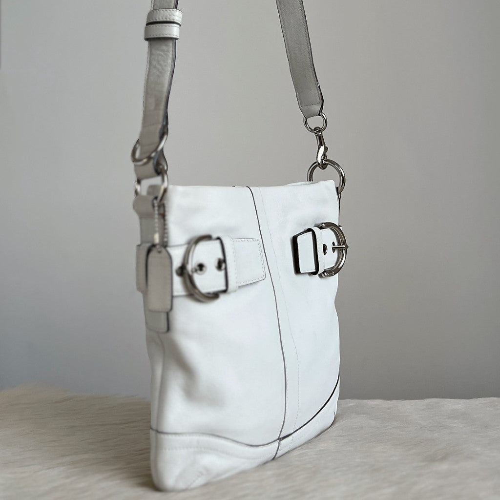 Coach White Leather Double Buckle Crossbody Shoulder Bag