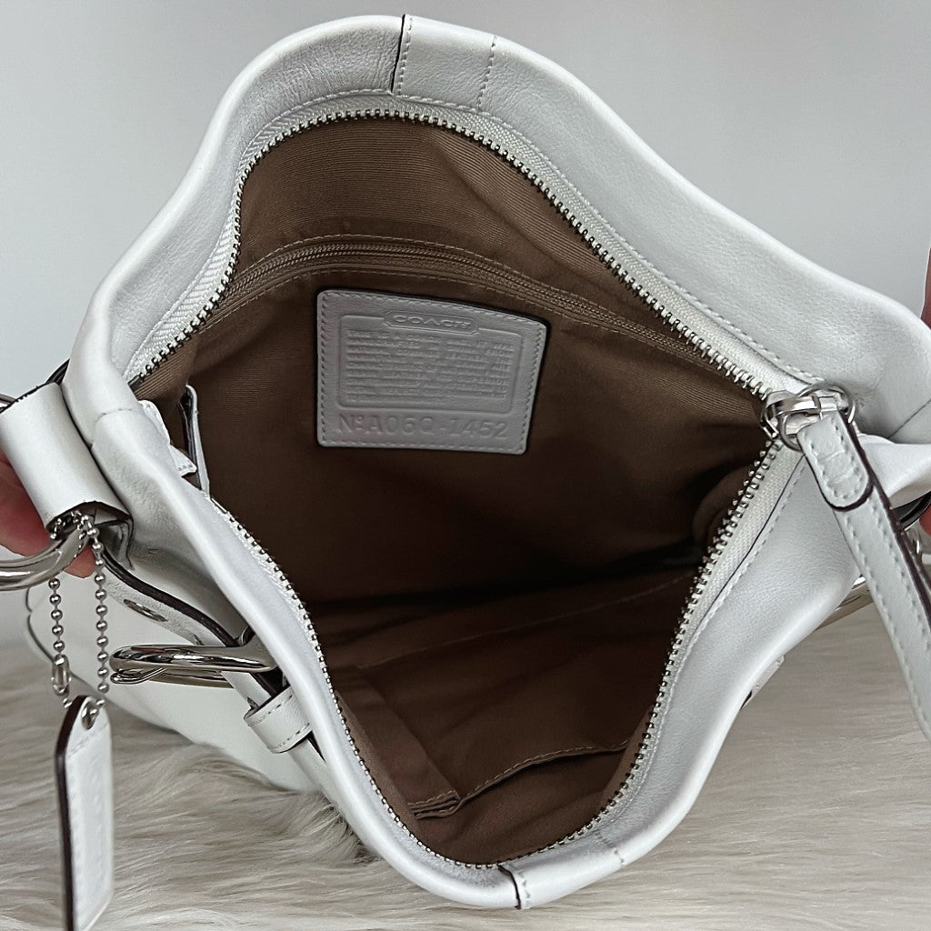 Coach White Leather Double Buckle Crossbody Shoulder Bag