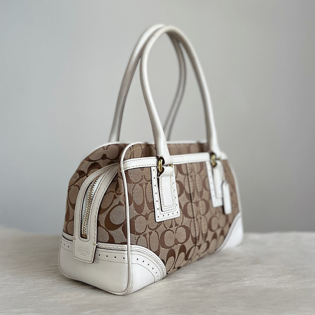 Coach White Leather Monogram Triple Compartment Shoulder Bag