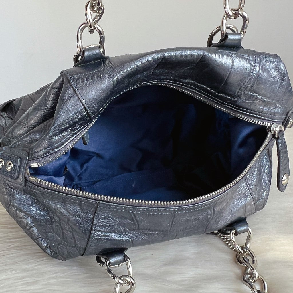 Coach Metallic Grey Leather Chain Detail Boston 2 Way Shoulder Bag