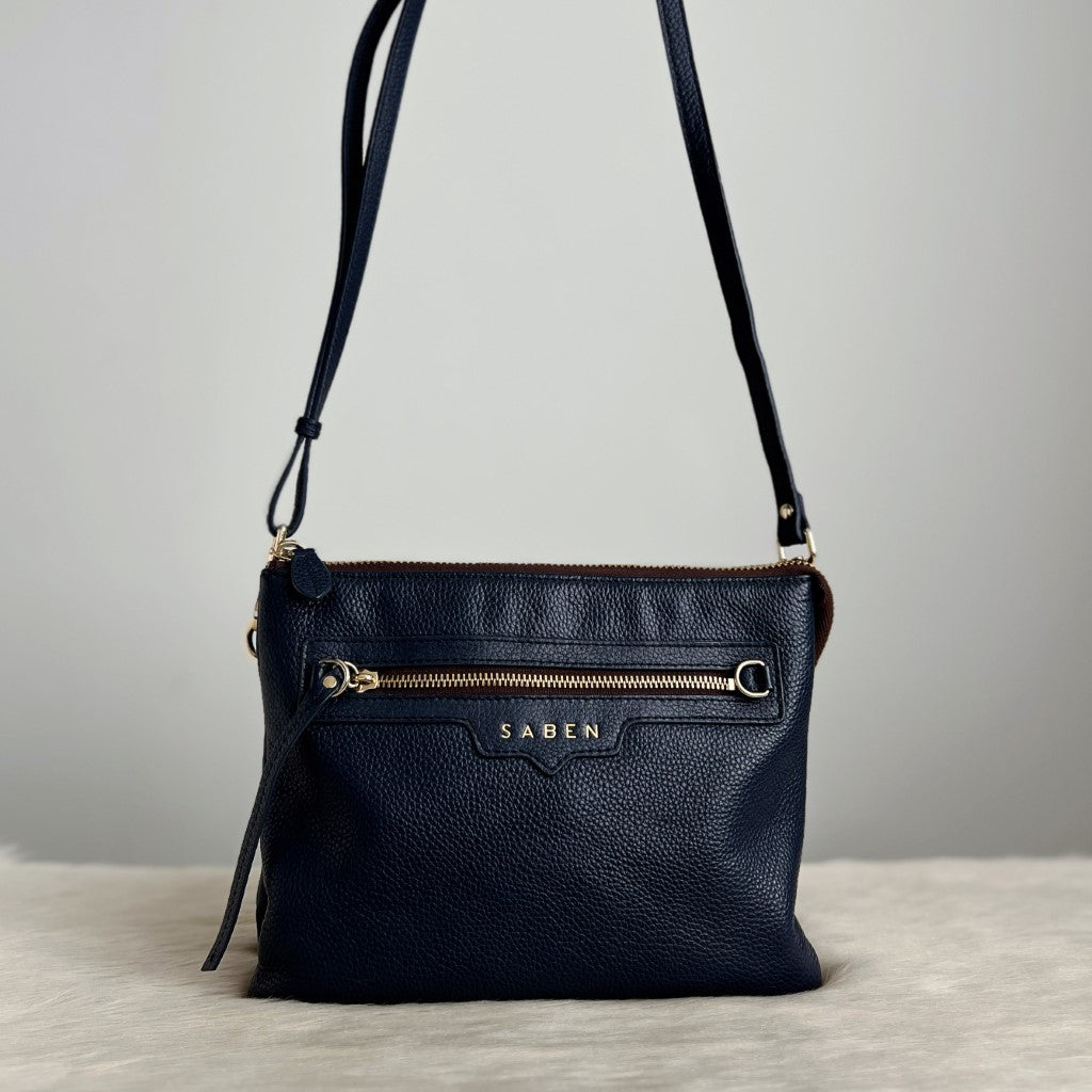 Saben Navy Leather Triple Compartment Crossbody Shoulder Bag Excellent