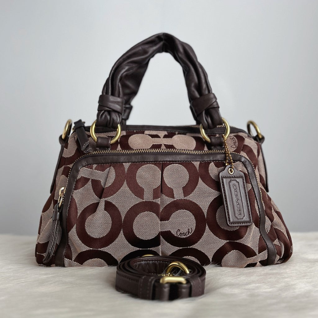 Coach Chocolate Leather Monogram Boston 2 Way Shoulder Bag