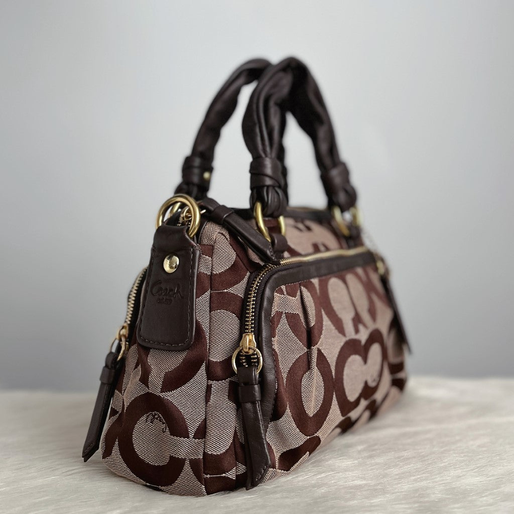 Coach Chocolate Leather Monogram Boston 2 Way Shoulder Bag