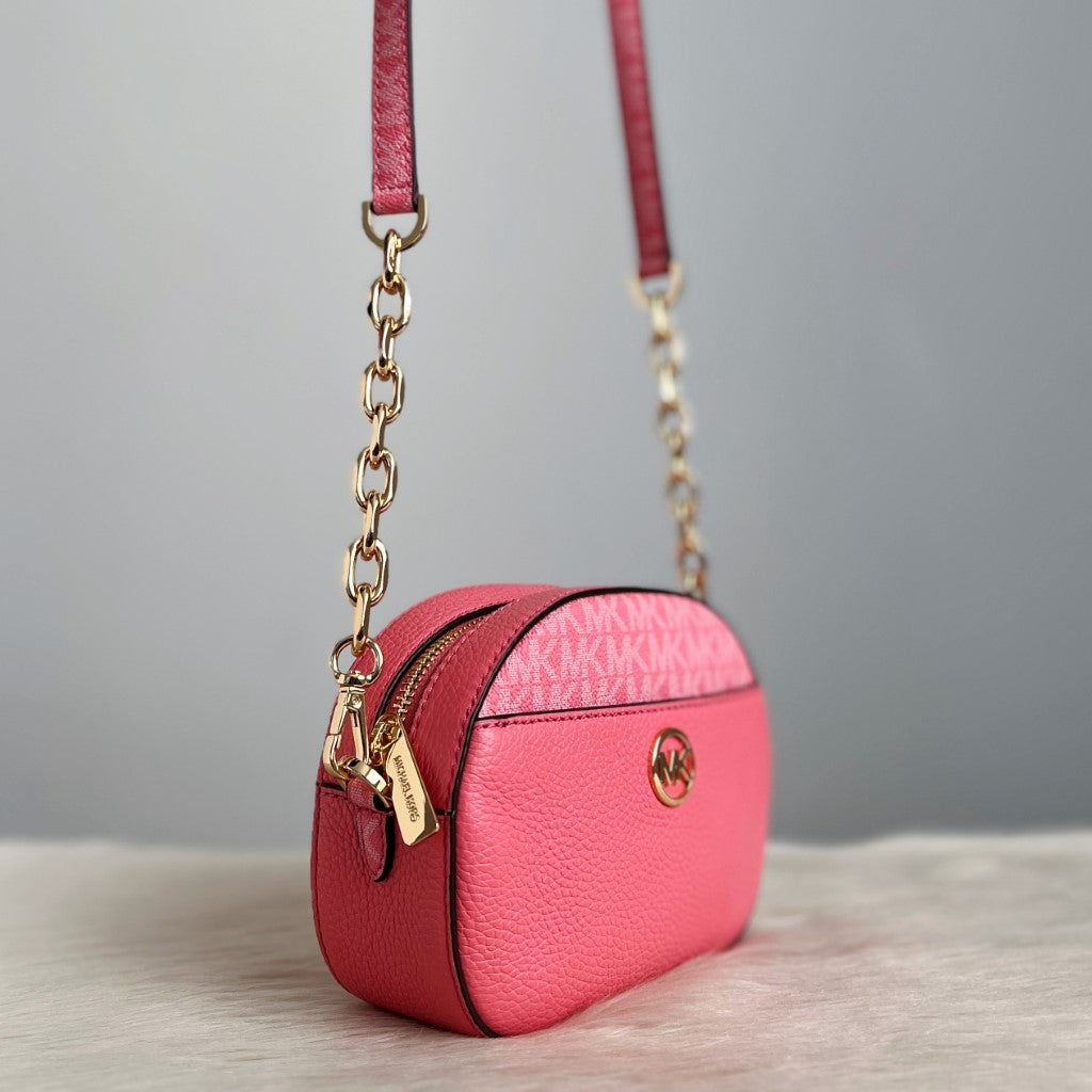 Michael Kors Pink Leather MK Monogram Small Crossbody Shoulder Bag Like New