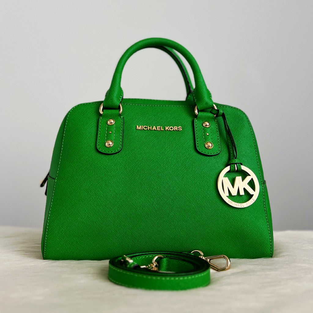 Michael Kors Green Leather MK Charm Boston 2 Way Shoulder Bag