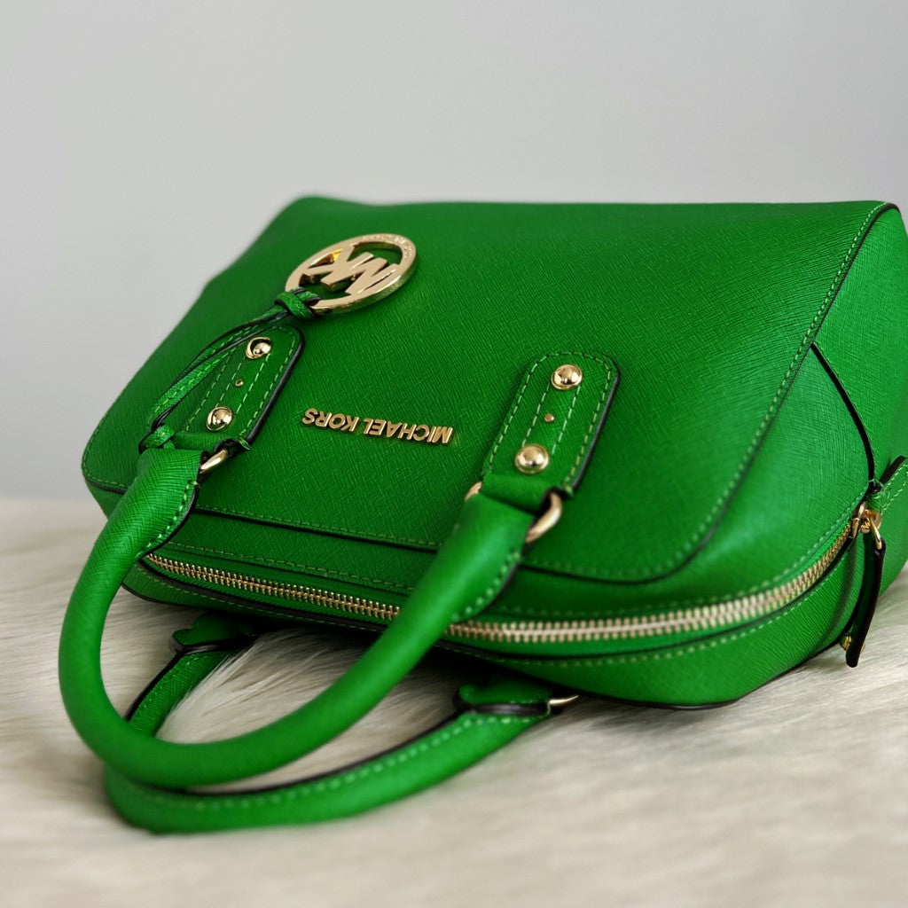 Michael Kors Green Leather MK Charm Boston 2 Way Shoulder Bag