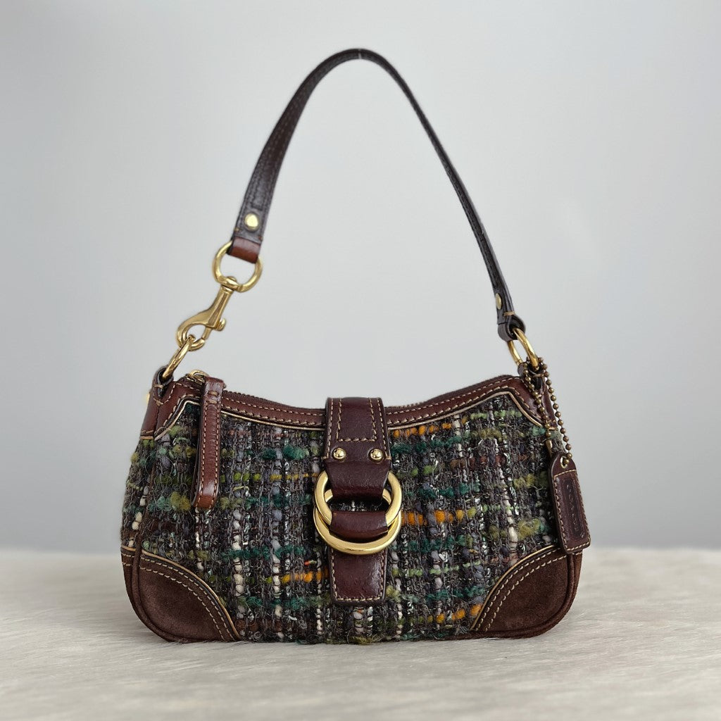 Coach Chocolate Suede Patchwork Front Buckle Small Shoulder Bag