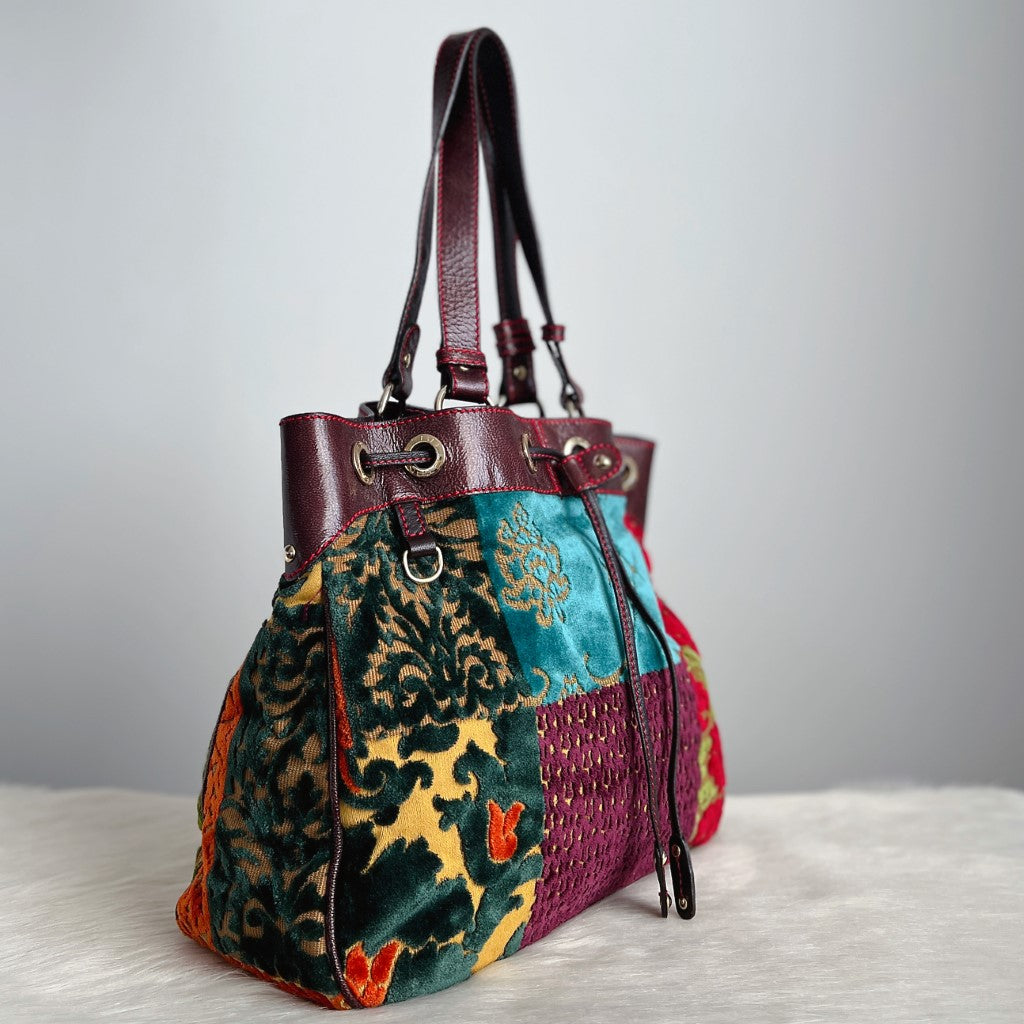 Etro Brown Leather Bohemian Pattern Drawstring Carryall Shoulder Bag Excellent