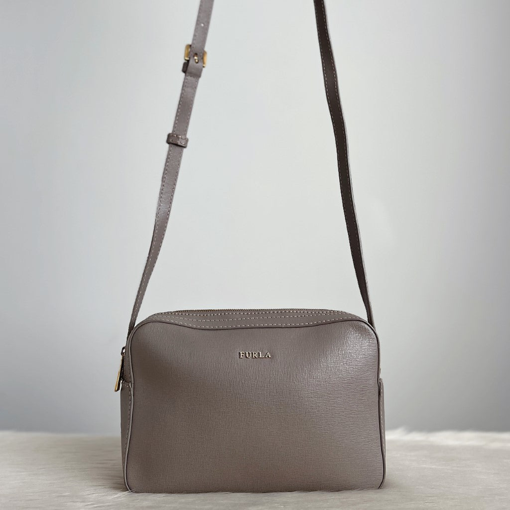 Furla Taupe Leather Double Compartment Crossbody Shoulder Bag