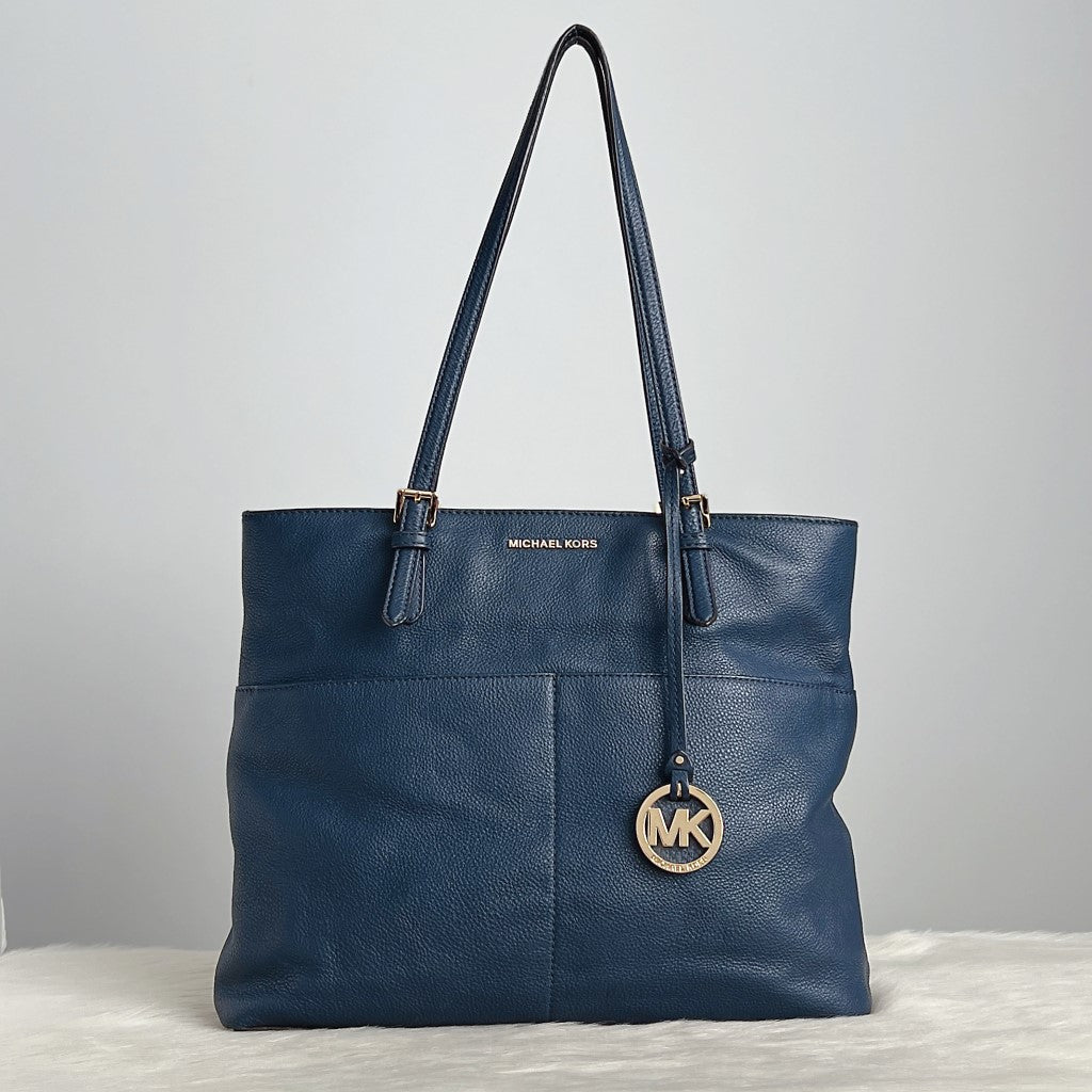 Michael Kors Navy Leather MK Charm Large Shoulder Bag