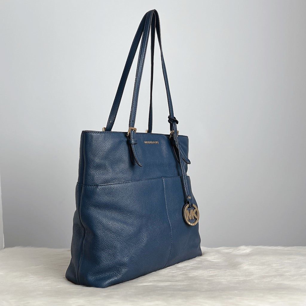 Michael Kors Navy Leather MK Charm Large Shoulder Bag