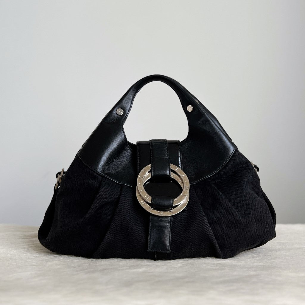 Bvlgari Black Leather Canvas Signature Ring Detail Tote Bag