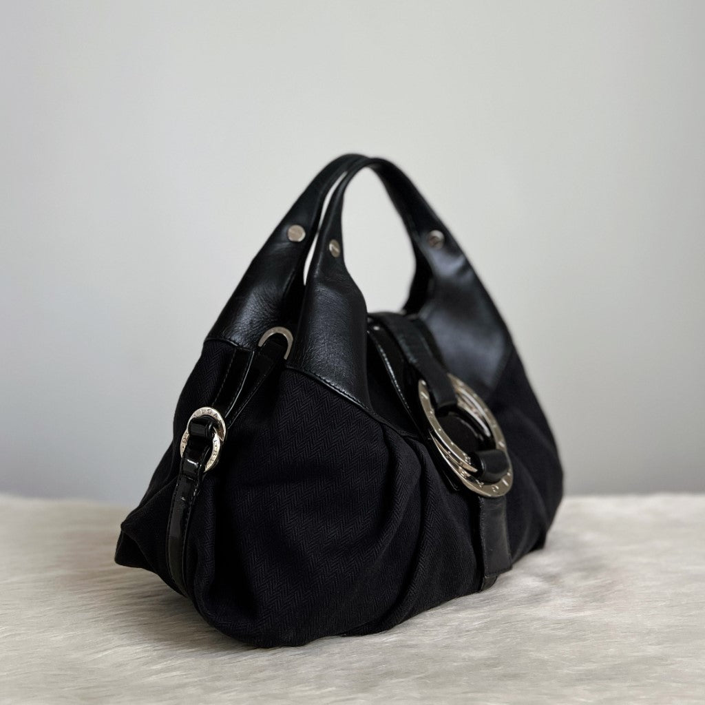 Bvlgari Black Leather Canvas Signature Ring Detail Tote Bag