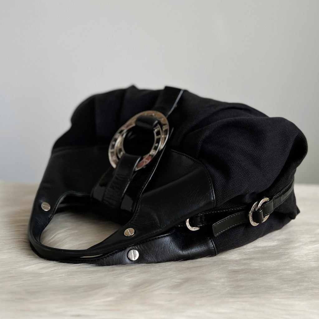 Bvlgari Black Leather Canvas Signature Ring Detail Tote Bag