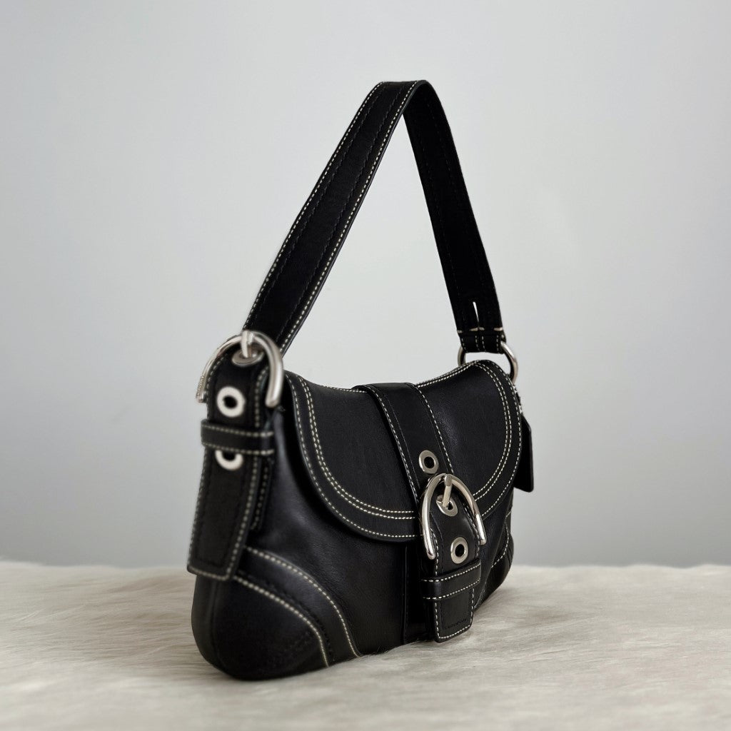 Coach Black Leather Flap Buckle Small Shoulder Bag