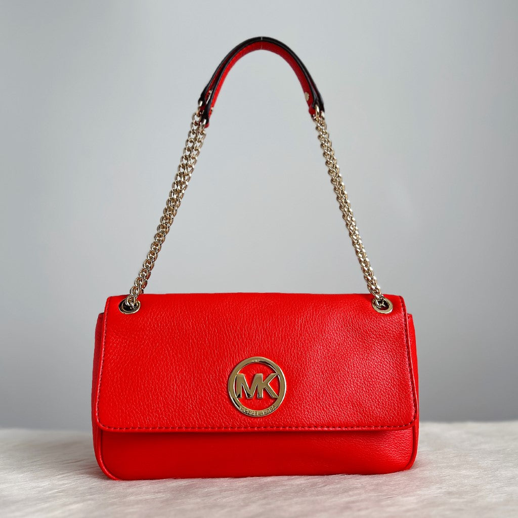 Michael Kors Bright Red Leather Flap Closure Chained Shoulder Bag