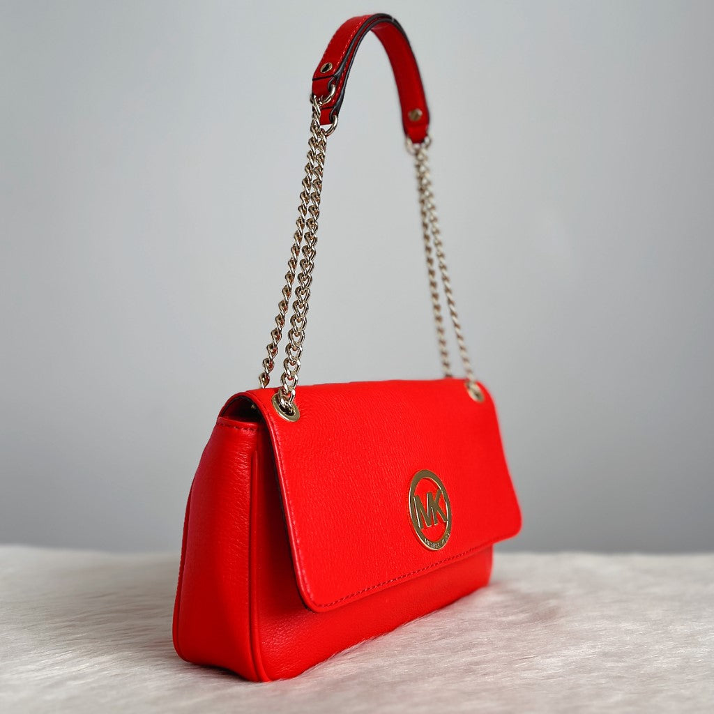 Michael Kors Bright Red Leather Flap Closure Chained Shoulder Bag