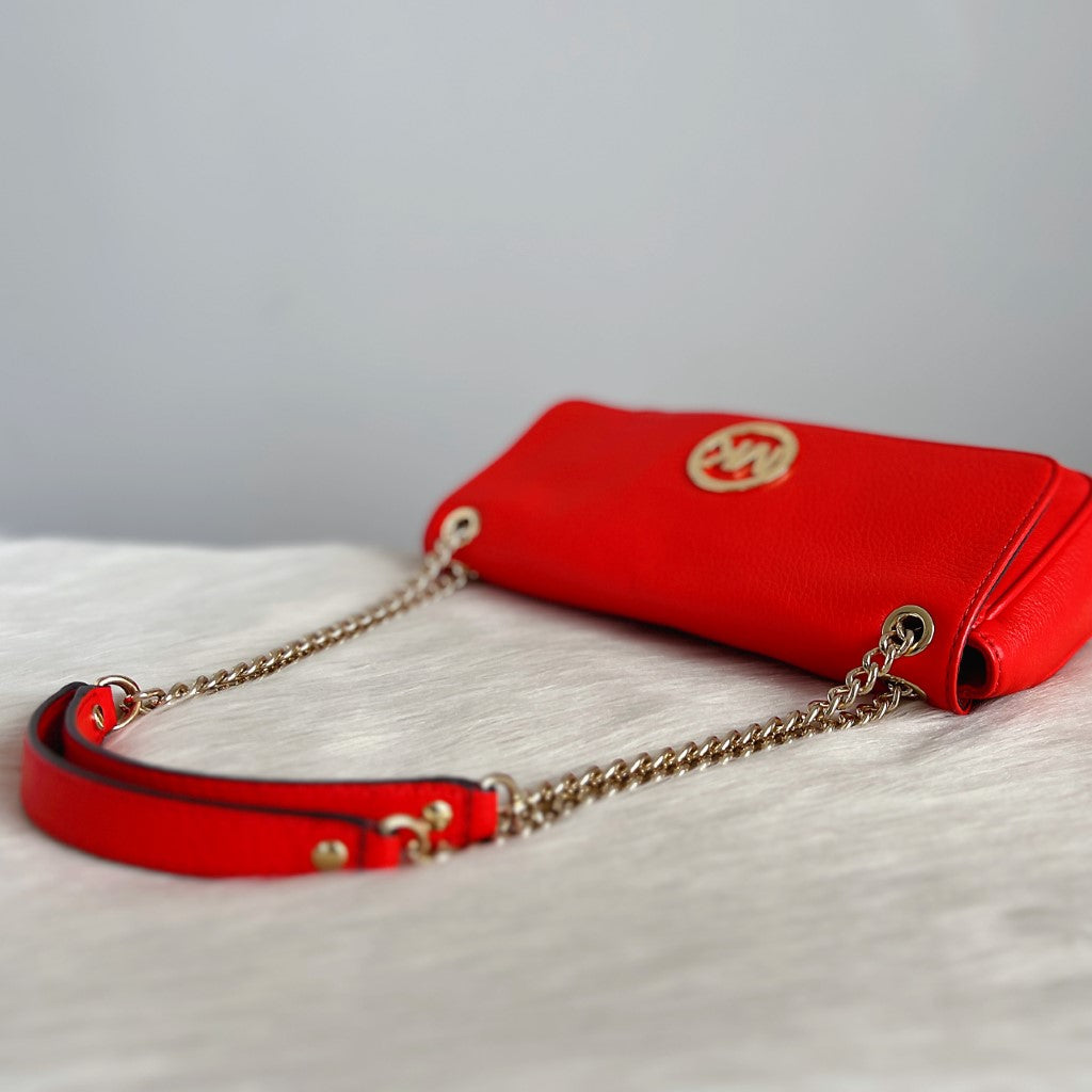 Michael Kors Bright Red Leather Flap Closure Chained Shoulder Bag