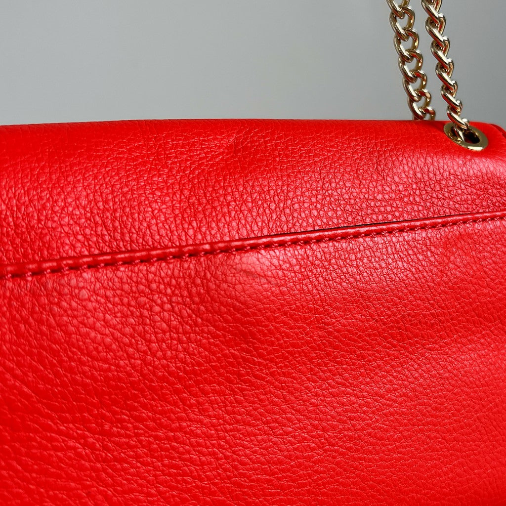 Michael Kors Bright Red Leather Flap Closure Chained Shoulder Bag