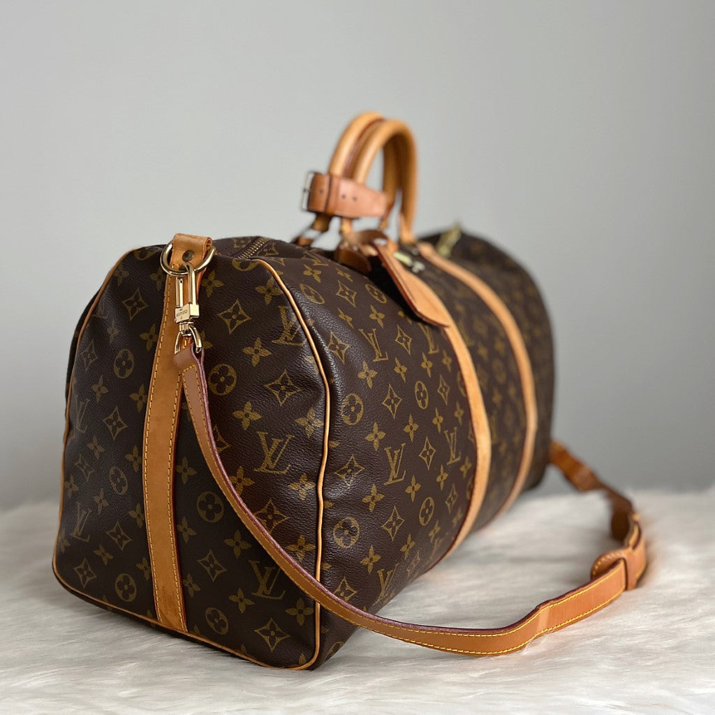 Louis Vuitton Signature Monogram Bandouliere Keepall 50 Travel Bag Full Set