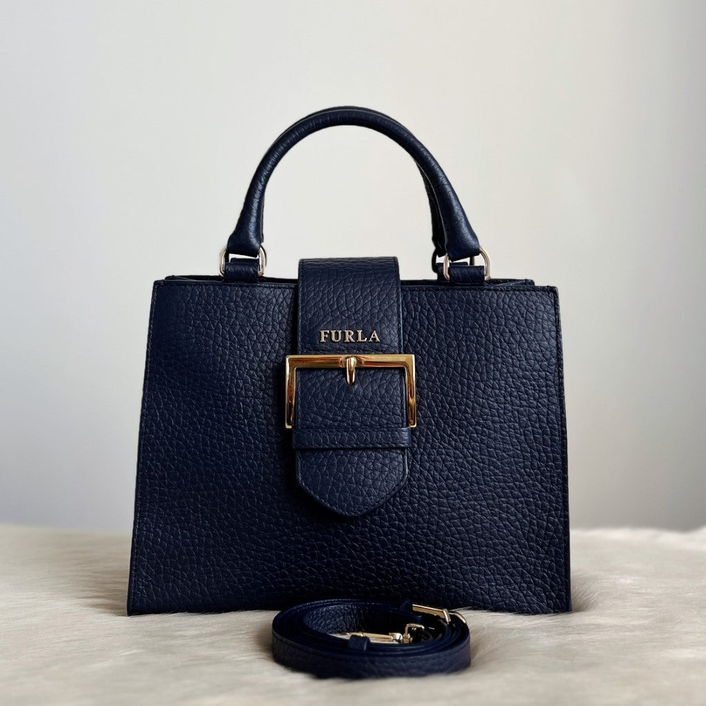 Furla Navy Leather Front Buckle Royal 2 Way Shoulder Bag Like New