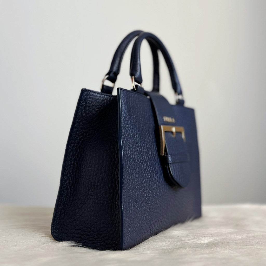 Furla Navy Leather Front Buckle Royal 2 Way Shoulder Bag Like New